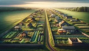 Серенная и просторная сельская сцена, иллюстрирующая контраст между традиционными летними домиками и новым трендом домов для круглогодичного проживания в садовых некоммерческих товариществах.