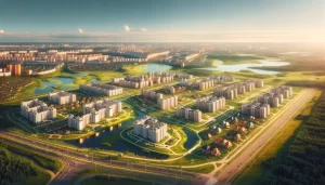 Панорамный вид на различные поселения Новой Москвы, демонстрирующий разнообразие жилых и экологических условий в светлых тонах